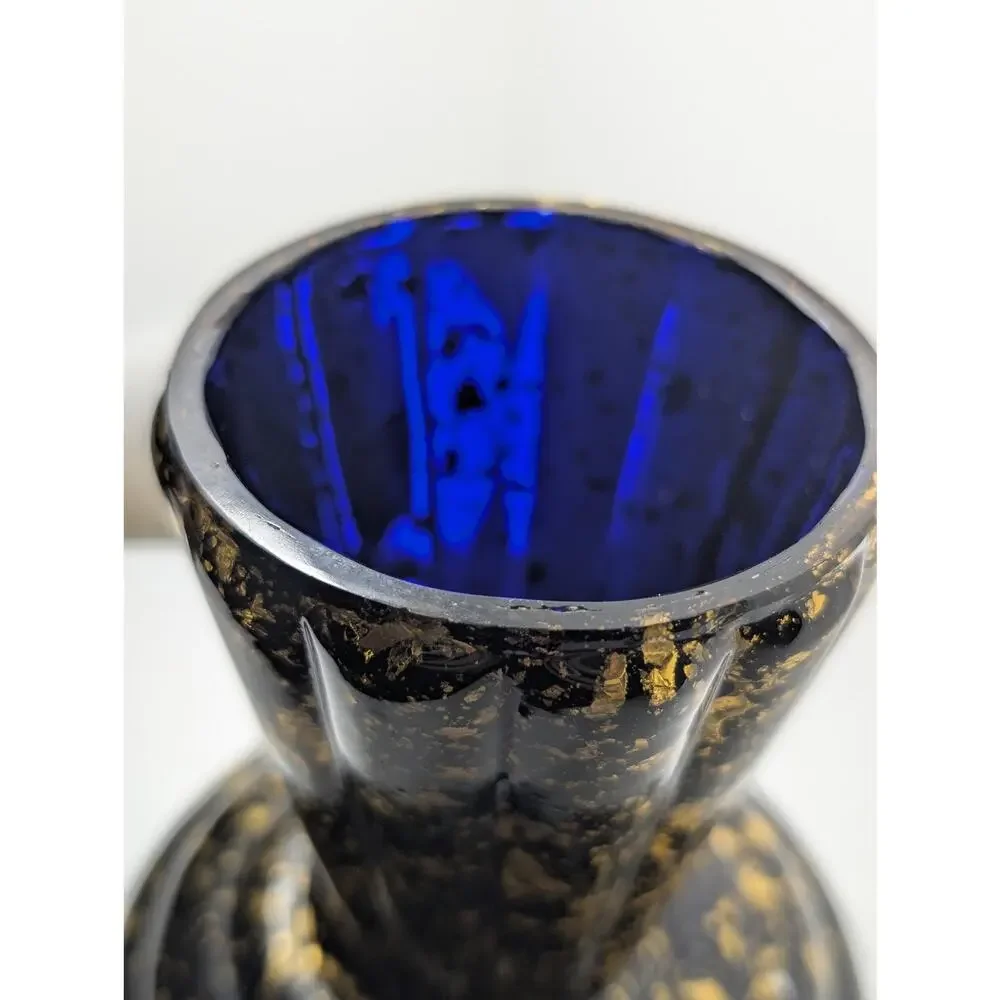 Vintage Cobalt Blue Spatter Speckle Glass Fluted Ribbed Vase